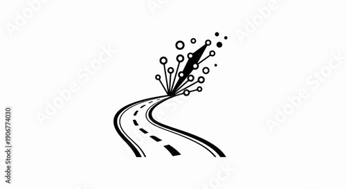 Abstract road curves into abstract digital explosion of circles and lines
