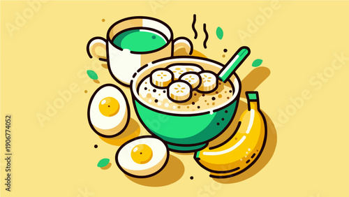 Healthy Morning Breakfast Set with Oatmeal Bowl, Banana, and Boiled Eggs