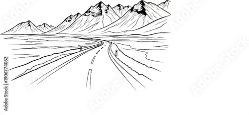 A winding asphalt road stretches towards a dramatic mountain range under a clear sky