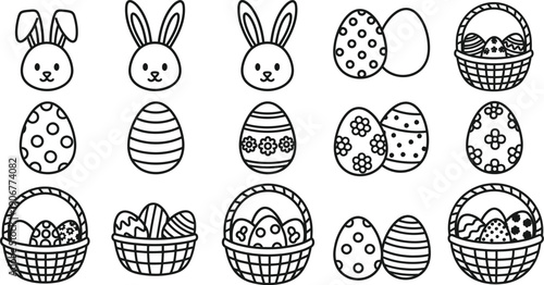 Collection of cute black and white outline illustrations featuring various decorated easter eggs happy bunny faces and traditional woven baskets perfect for holiday crafting projects