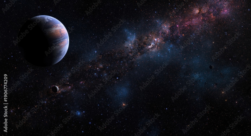 Obraz premium Dark cosmic background with digital rendering of the universe including colorful planets and star fields