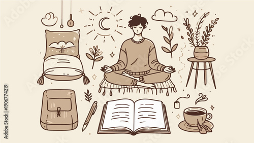 Holistic Wellness Concept with Meditation, Quality Sleep, and Mindful Journaling