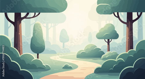 A winding path through a misty forest with stylized trees and bushes