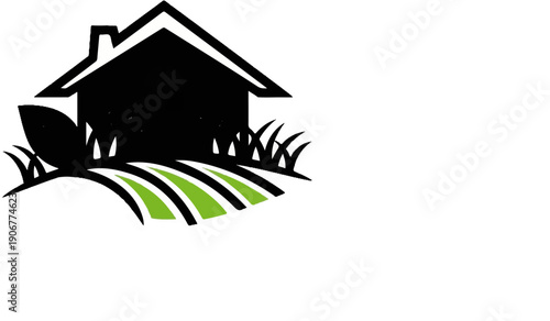 A stylized home sits atop a green field with grass and a leaf