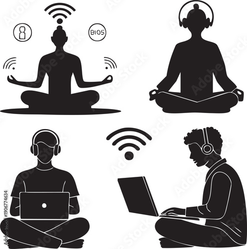 Meditation and Technology Silhouette Concept with Wi-Fi and Laptop