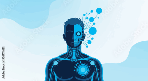 A stylized human form split between flesh and technology, with circuits emanating from head