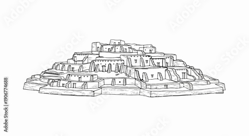 Ancient stepped adobe structure with multiple openings and terraced levels