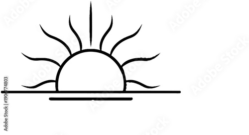 A stylized sun rising over a flat horizon line with a subtle reflection