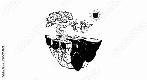 A stylized tree with roots emerges from a floating island under a sun