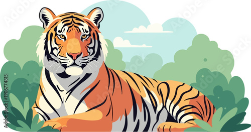 A stylized tiger rests in lush green foliage under a light blue sky