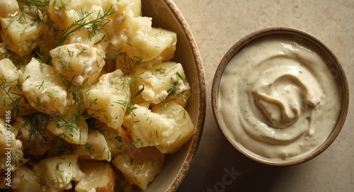 Creamy dill potato salad alongside a bowl of ranch dipping sauce