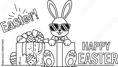 Cool sunglasses wearing easter bunny emerges from a large present surrounded by decorated eggs wishing everyone a happy holiday celebration