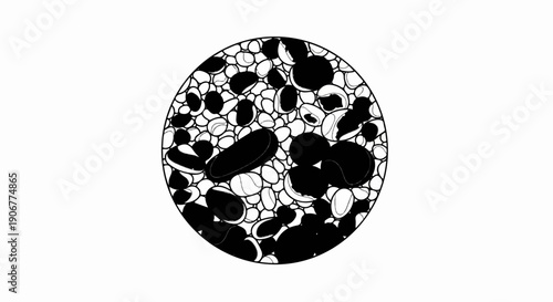 Abstract circular pattern of diverse, pebble-like shapes with solid black and white shading
