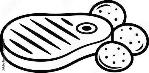 A stylized illustration shows a grilled steak next to three round items with dots