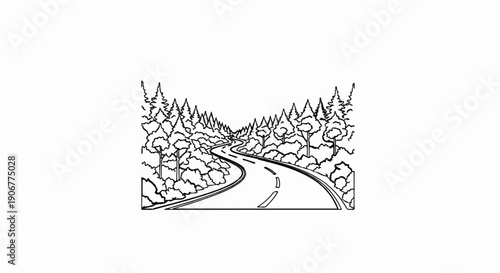 A winding road passes through a forest of evergreen and deciduous trees