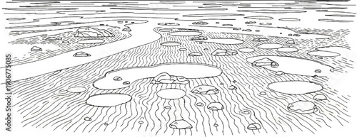 A stylized ink drawing of a meandering river with pools and rocks