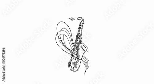 A stylized line drawing of a saxophone with swirling abstract shapes