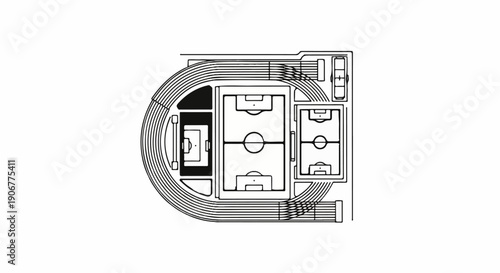 Architectural blueprint of a sports complex with multiple fields and track
