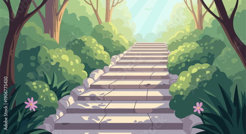 A sunlit stone staircase ascends through a lush, green forest
