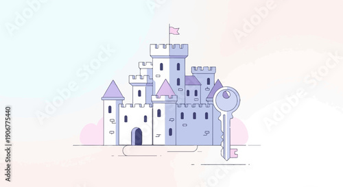 A stylized, minimalist castle with a large key in the foreground