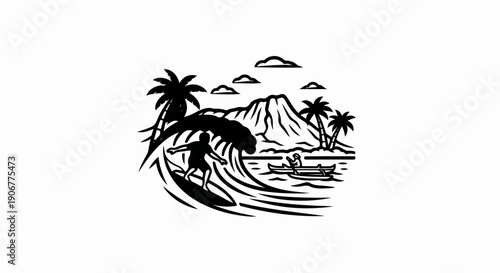 A surfer rides a wave with a volcano and palm trees in the background