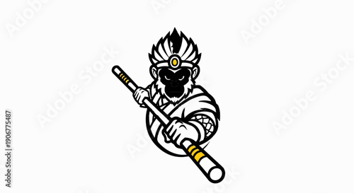 A stylized monkey with a staff and warrior-like attire, outlined in black