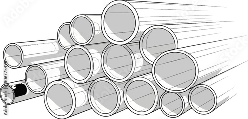 A stylized, monochromatic illustration of a pile of hollow cylindrical pipes