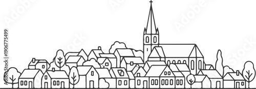A stylized, minimalist illustration of a village with a central church and scattered trees