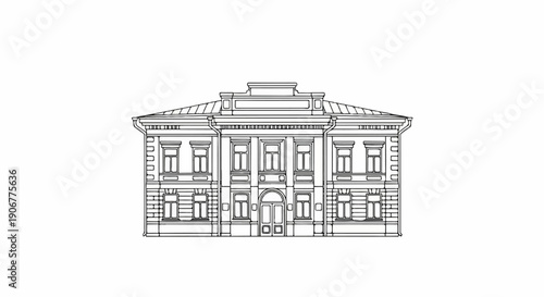 Architectural illustration of a grand, symmetrical, two-story building with a pitched roof