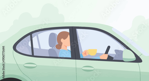 A woman drinks from a yellow cup while driving a light green car