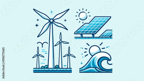 Renewable Energy Sources Set with Wind Turbines, Solar Panels, and Wave Power