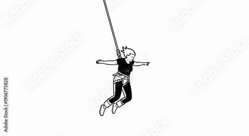 A woman in black clothing hangs suspended by a bungee cord, arms outstretched