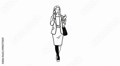A woman in business attire speaks on phone holding another phone