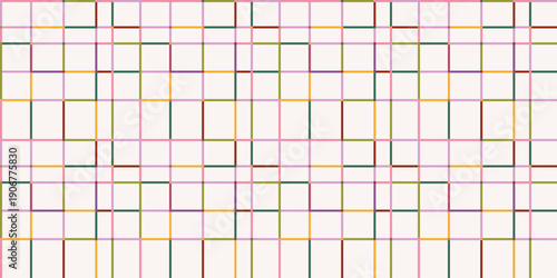 Seamless Minimalist Geometric Plaid Pattern with Multi-Colored Thin Lines on White Background, Modern Abstract Grid for Textile and Graphic Design