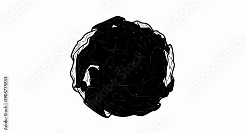 Abstract black swirling mass with white highlights against a white background