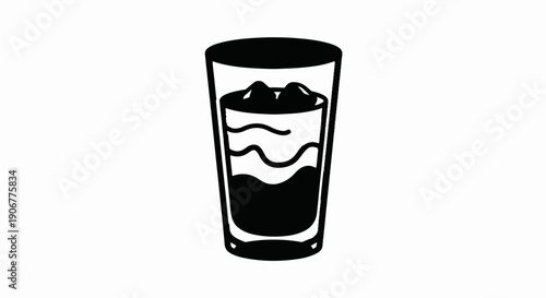 A tall, narrow glass filled with a dark liquid, ice, and wavy lines