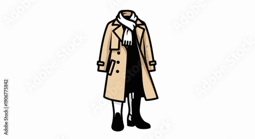 A tan trench coat with a white scarf and black dress