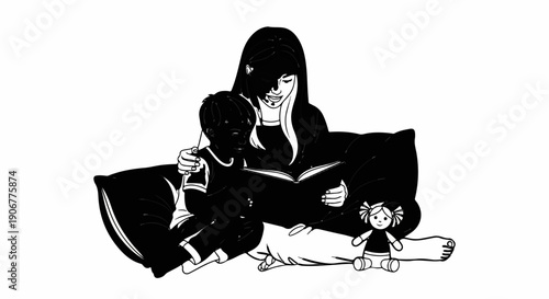 A woman reads a book to a child while a doll sits nearby