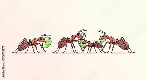 A team of ants collaborates to carry a green item, showing cooperation