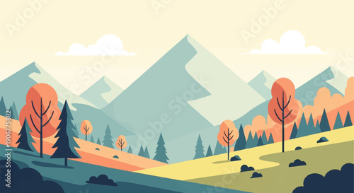 Abstract mountain landscape with stylized trees in autumn colors