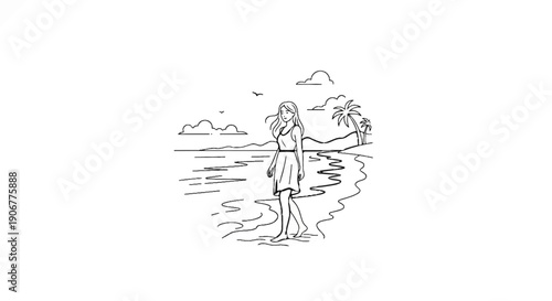 A woman walks barefoot on a sandy beach beside the ocean, with palm trees in the background