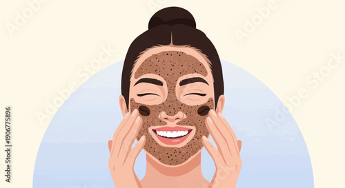 A woman smiles while applying a coffee scrub facial mask to her face