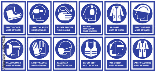 Mandatory sign set, Protective workwear icons, Safety work equipment and protective clothing, Construction safety labels