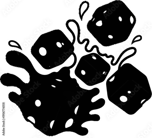 Abstract black ink splash with rolling dice