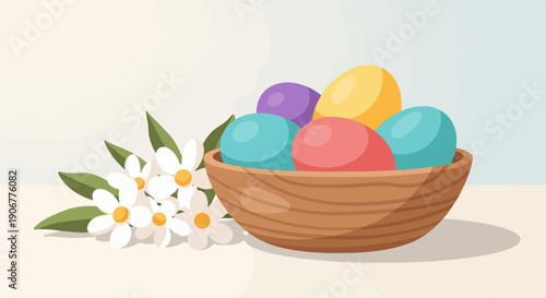 A wooden bowl overflowing with colorful eggs sits beside delicate white flowers