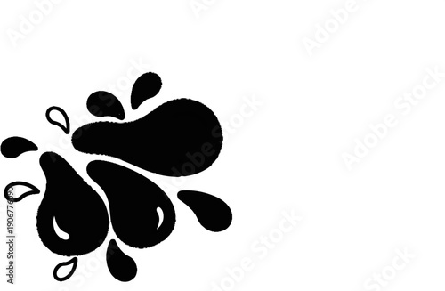 Abstract black ink splashes and droplets on a white background