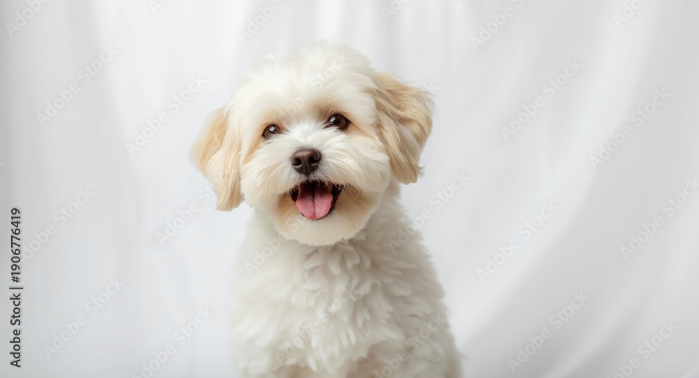 Obraz premium Happy Maltipoo dog posing alone on a clean white backdrop