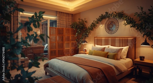 Contemporary bedroom featuring bamboo furniture, decorative folding screen, and eucalyptus adorned accessories
