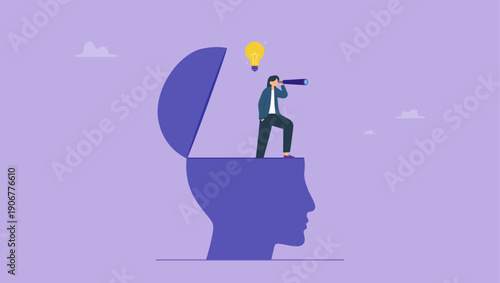 Businesswoman on head silhouette with telescope or spyglass to see future vision. Business vision to see future opportunity, challenge to overcome difficulty to see real visionary.