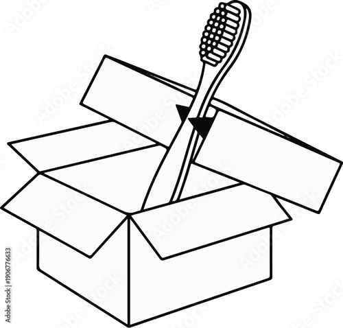 A toothbrush stands upright in an open cardboard box with flaps